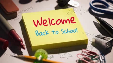 Animation-of-welcome-back-to-school-text-on-memo-note-and-school-items-on-white-background