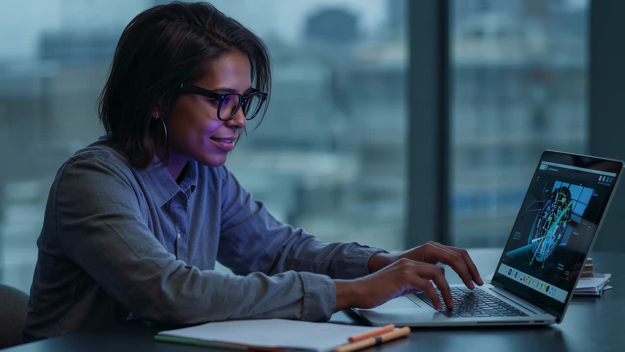 Typing woman in button-up shirt refining holographic 3D wheel at high-rise office desk, with laptop