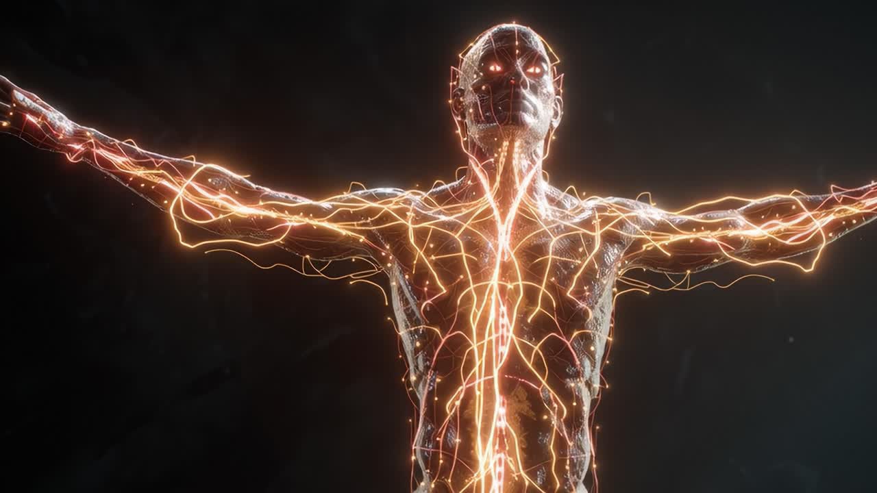 A stunning visualization of a human figure enveloped in glowing, colorful electric currents, representing energy and vitality, with arms extended wide open against a dark backdrop, embodying a sense of freedom and enlightenment