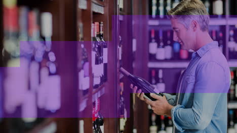 animación de líneas azules sobre un hombre caucásico sosteniendo una botella de vino