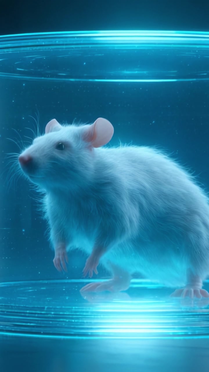 Un'esplorazione futuristica di un topo da laboratorio in un contenitore trasparente con un bagliore blu neon, che mostra le complessità della scienza e della tecnologia nella ricerca.