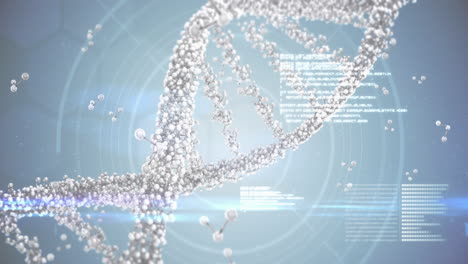 Animation-of-dna,-molecular-structures-and-data-processing-against-blue-gradient-background