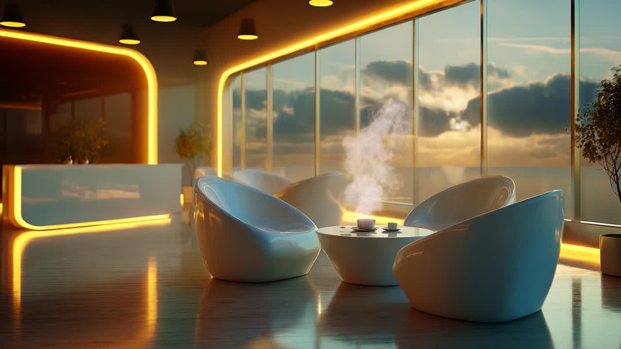 Serene Urban Lounge with Modern White Chairs and a Warm Center Table, Bathed in Stunning Sunset Lighting, Creating a Cozy Inviting Atmosphere Perfect for Relaxation and Socializing