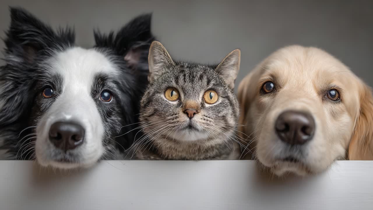 An Endearing Trio of Pets: A Playful Border Collie, a Curious Tabby Cat, and a Gentle Golden Retriever Posing Together for a Heartwarming Snapshot
