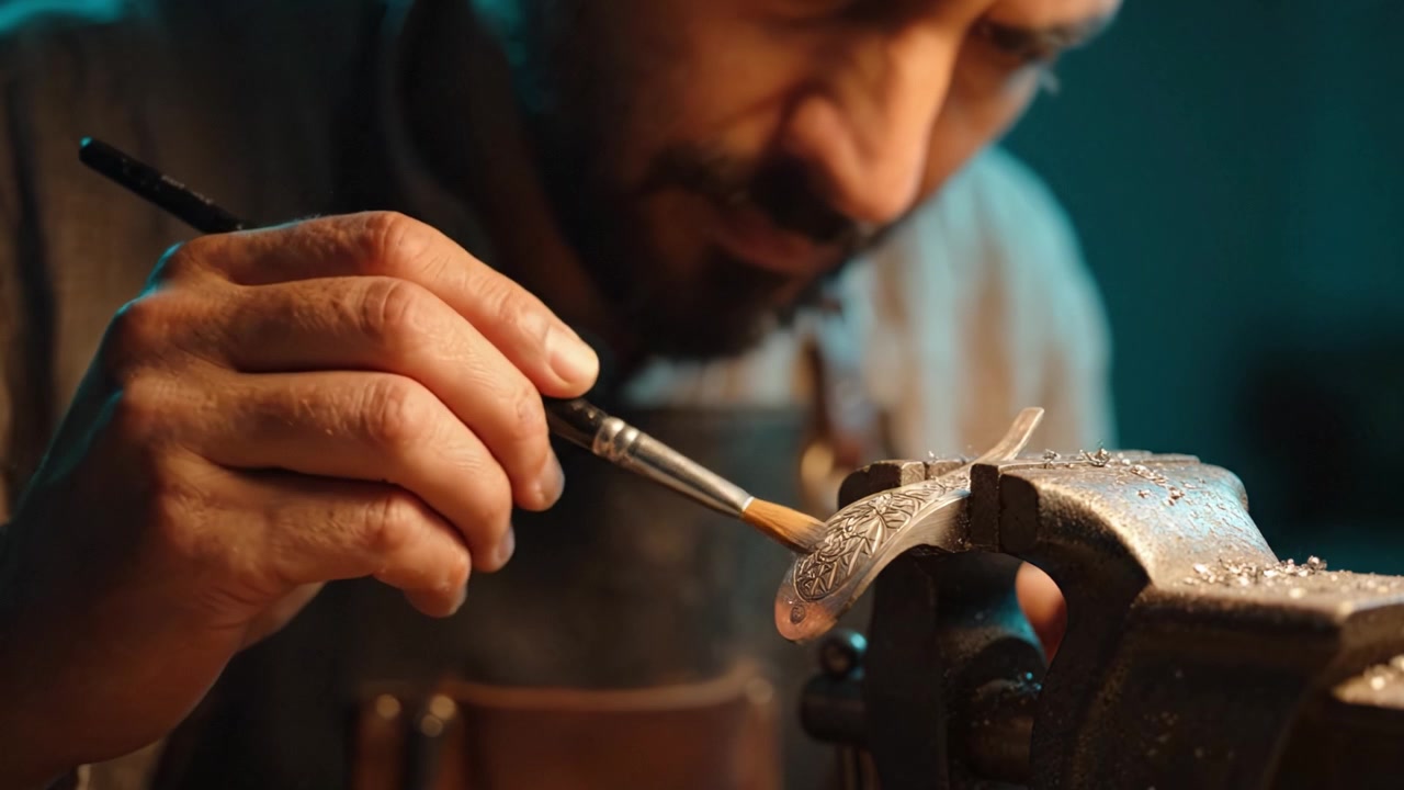 Artisan Metalworker Crafting Intricate Jewelry Detail with Precision and Skill Using a Brush on a Clamp, Illuminated by Soft Ambient Lighting for Enhanced Focus