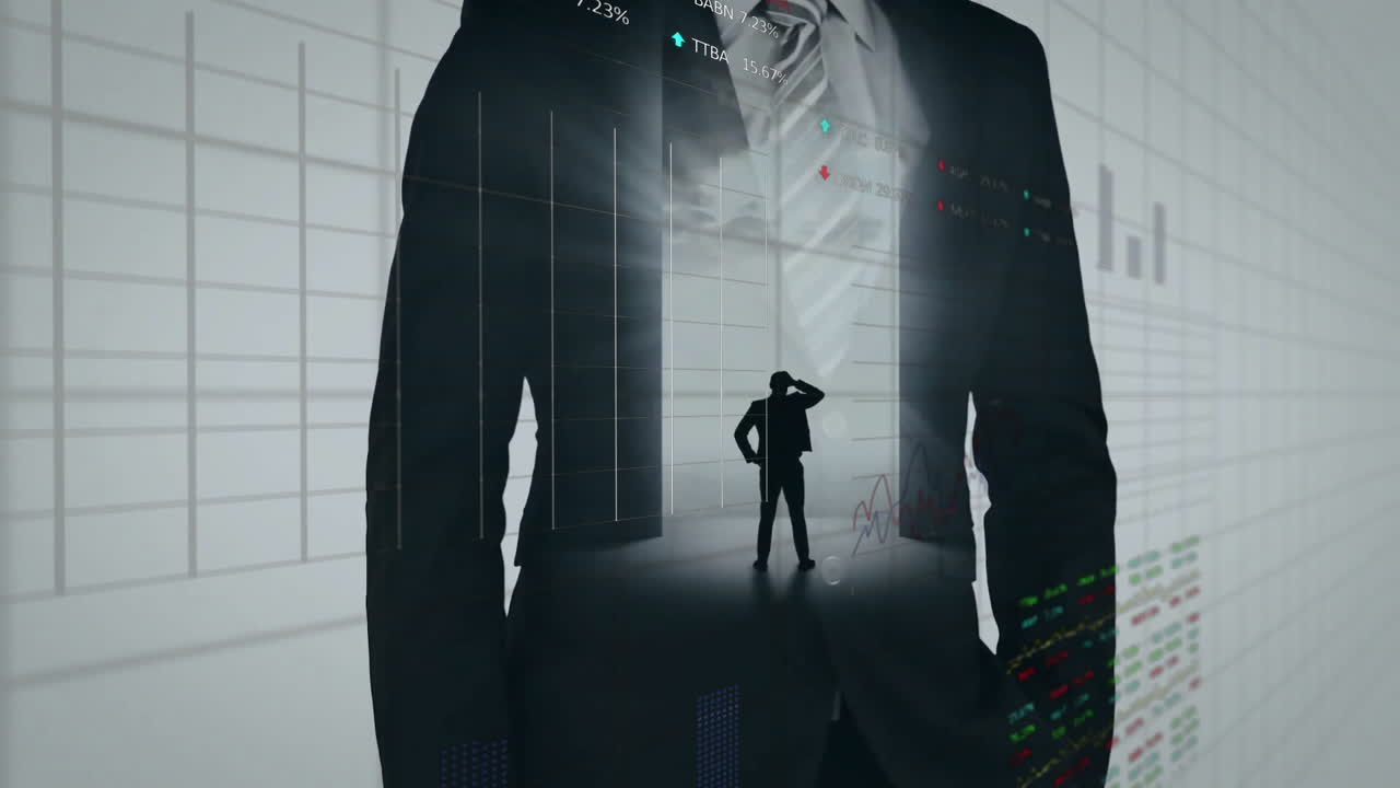 색 배경에 있는 사업가에 대한 금융 데이터 처리의 애니메이션