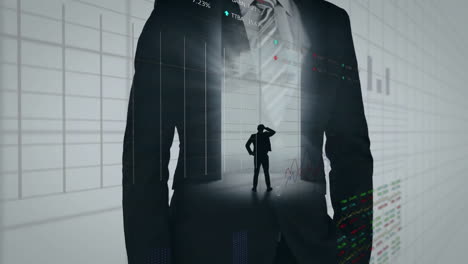 색 배경에 있는 사업가에 대한 금융 데이터 처리의 애니메이션