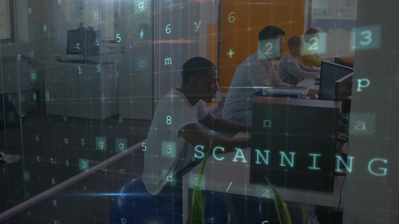 Animation of data processing over diverse business people using computers