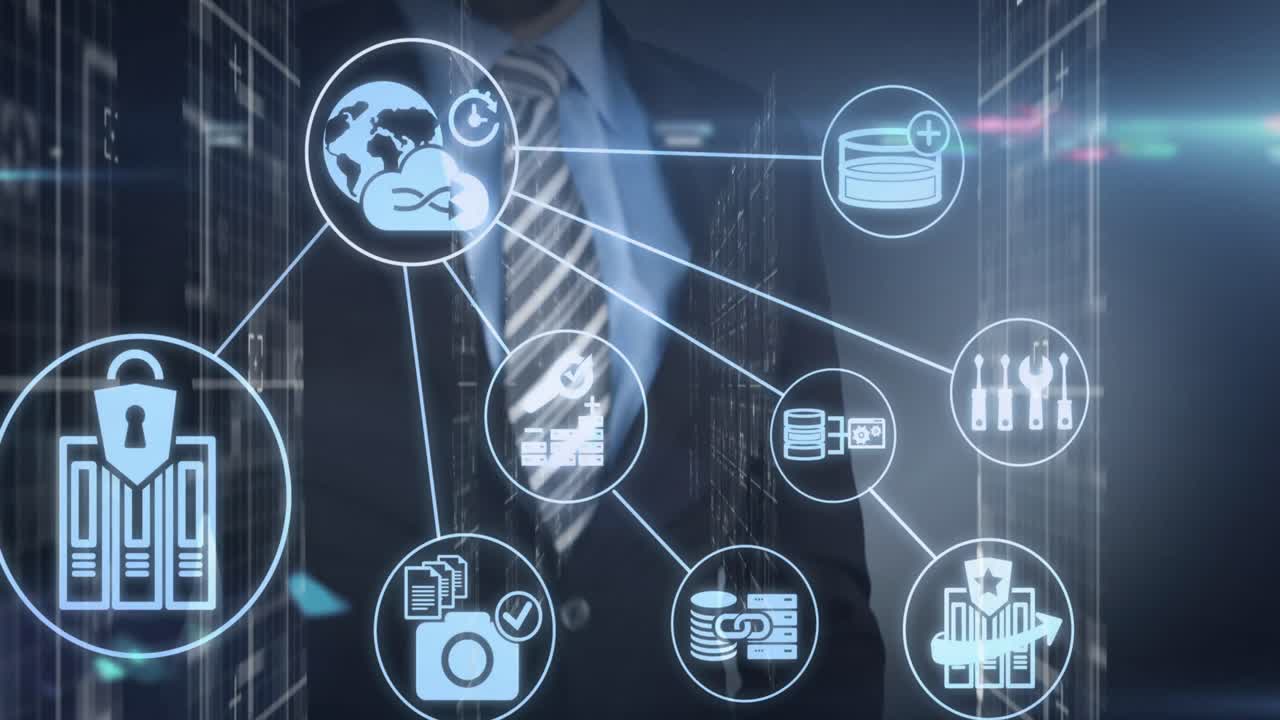 animación de un hombre de negocios que usa una pantalla táctil con iconos de red y seguridad sobre el procesamiento de datos