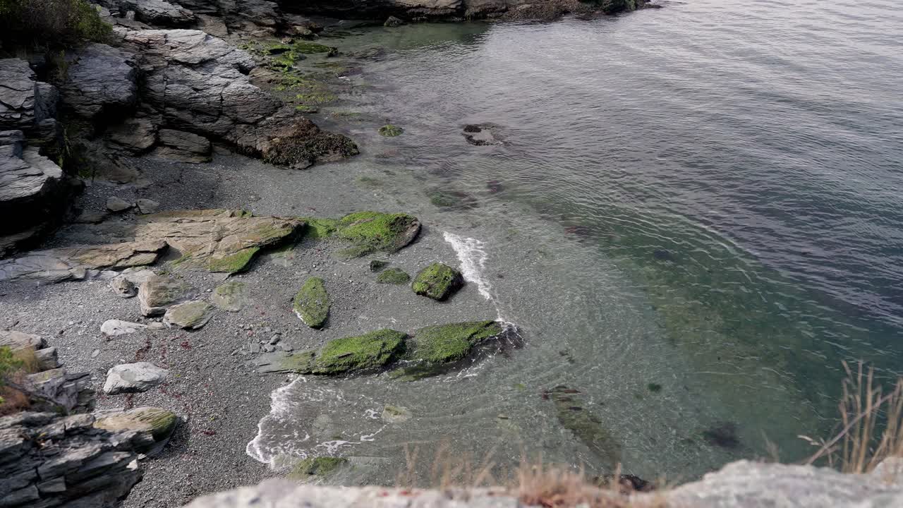 Una serena vista aerea della costa rocciosa che mostra acqua limpida e turchese che lambisce dolcemente massi coperti di muschio e una spiaggia di ciottoli.