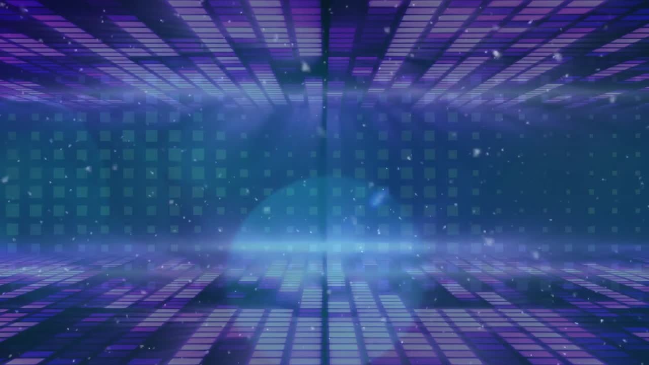 animación de copos de nieve y luces bokeh azules sobre cuadrados púrpuras y azules brillantes
