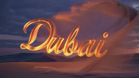 sandy desert landscape featuring wind swept dunes during vibrant sunset, capturing dramatic dubai environment with swirling sand particles illuminated by golden light