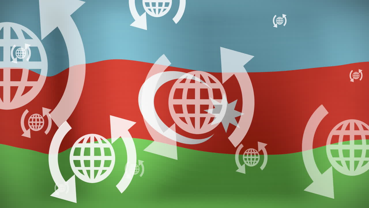 아제르바이잔 국기를 흔들고 있는 화살표를 가진 지구상의 애니메이션