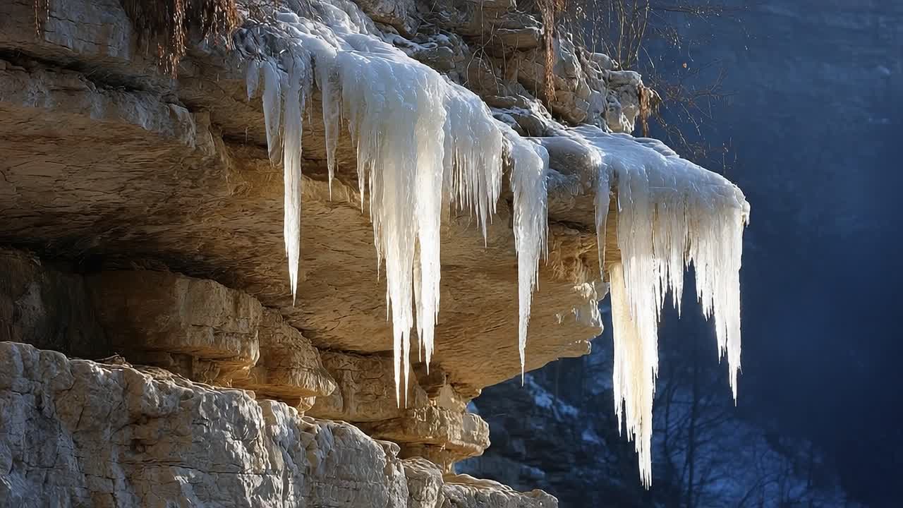 Majestic Ice Formations Hanging from a Rocky Cliff - An Inspiring Winter Landscape Capturing the Beauty of Nature's Frozen Wonders in a Serene Setting