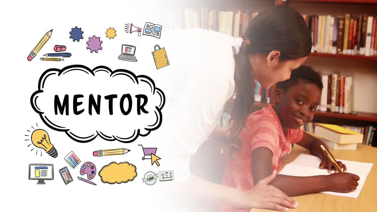 animación del texto del día del mentor y los iconos escolares sobre diversos escolares y maestros