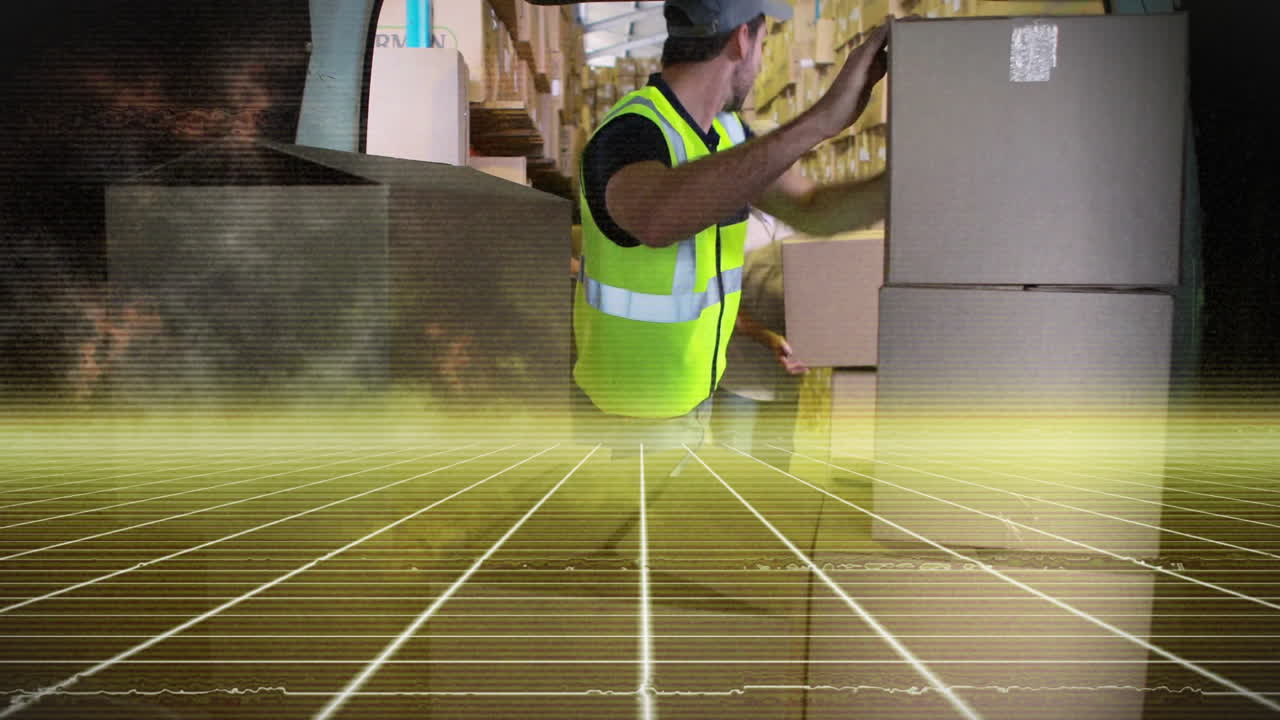 Handling boxes, warehouse worker with digital grid overlay in background