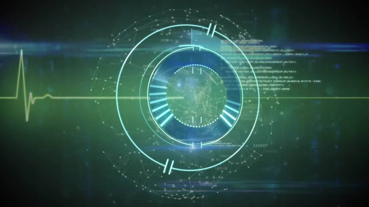 animación de escáner redondo de neón y monitor de frecuencia cardíaca contra el globo de la red de conexiones