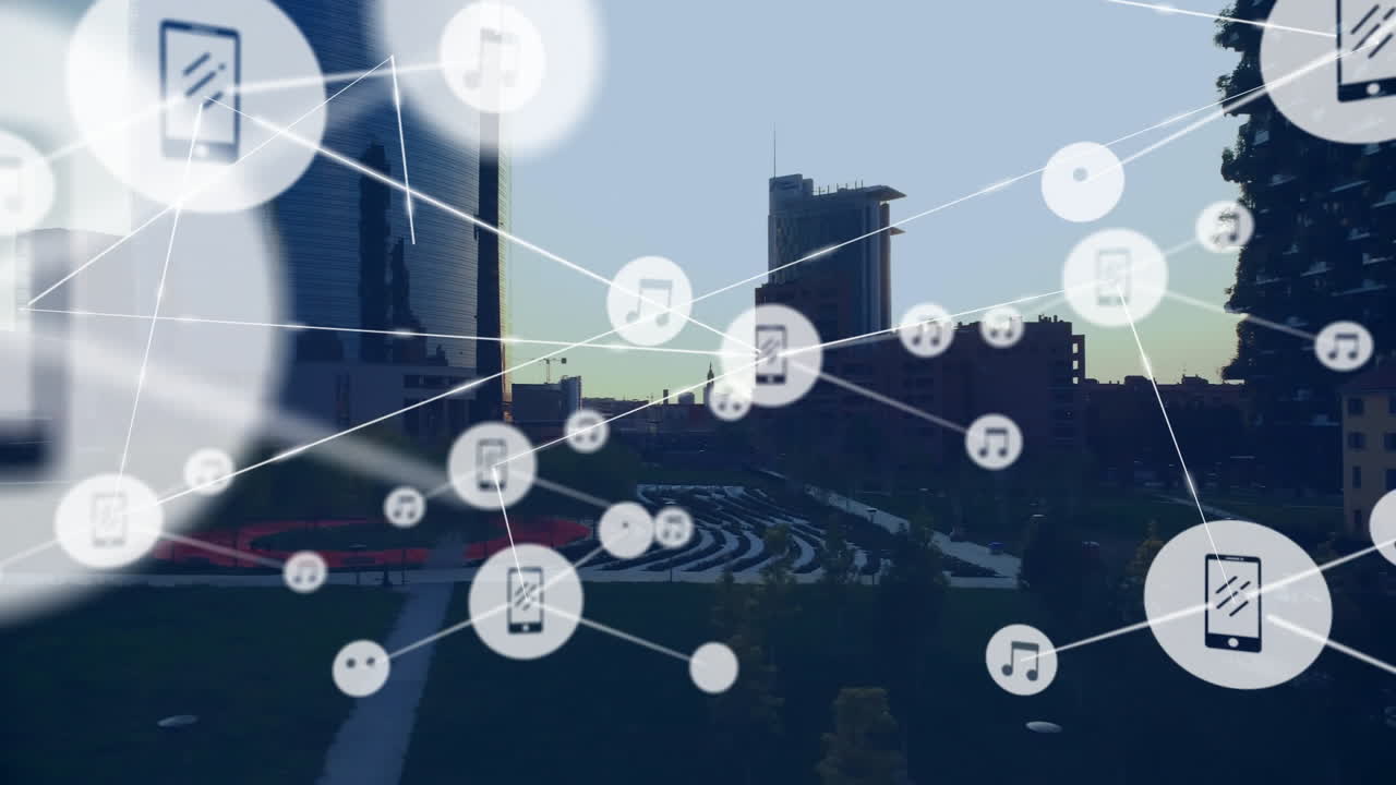 연결된 장치의 네트워크와 도시 풍경에 대한 데이터 공유 애니메이션