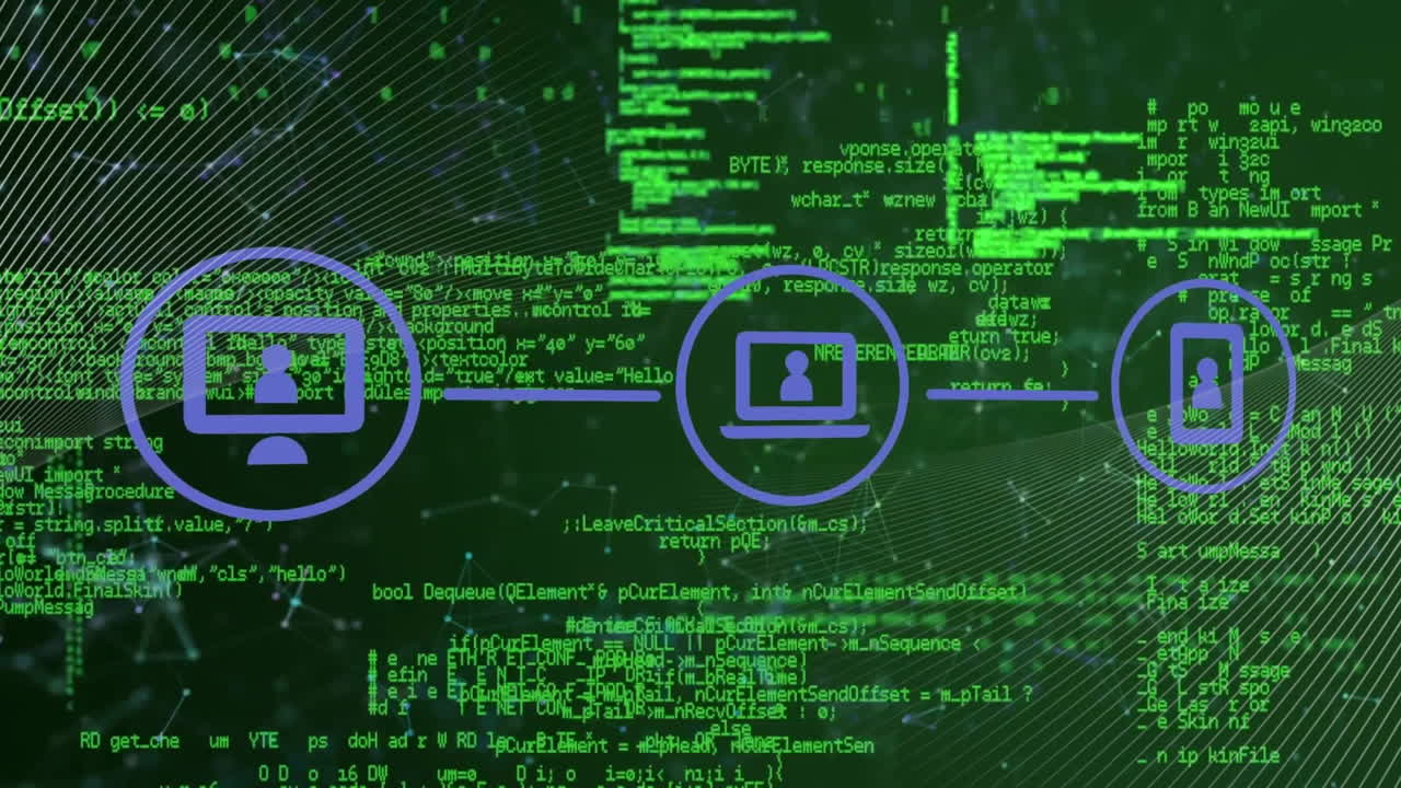 Animation of digital data processing and icons over black background