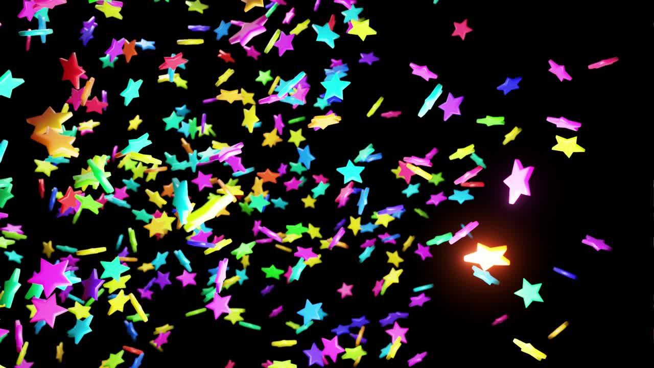 추상적인 축제 배경과 별 모양의 전구 구름, 박이는 네온 불빛, 공중에서 회전하는 다채로운 별, 4k에서 놀라운 아름다움의 vj 루프, 부드러운 흔들리는 애니메이션