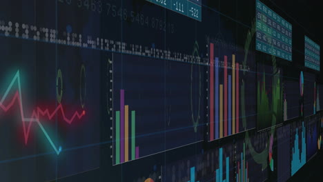 animation of multiple graphs, numbers charts and loading circles against black background