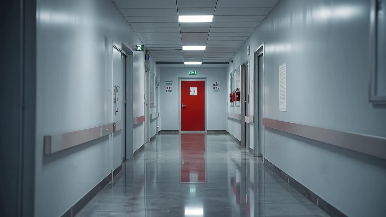Corridoio vuoto di ospedale con porte rosse e cartelli di emergenza. Il pavimento lucido riflette l'illuminazione dall'alto. Pareti bianche con poster incorniciati ed estintori. La porta rossa in fondo indica un'uscita o un ingresso.