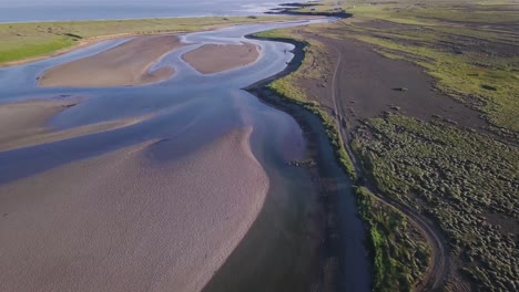 Aerial-Footage-of-River-Delt-During-Sunny-Summer-In-Snaefellsness-Peninsula,-Iceland