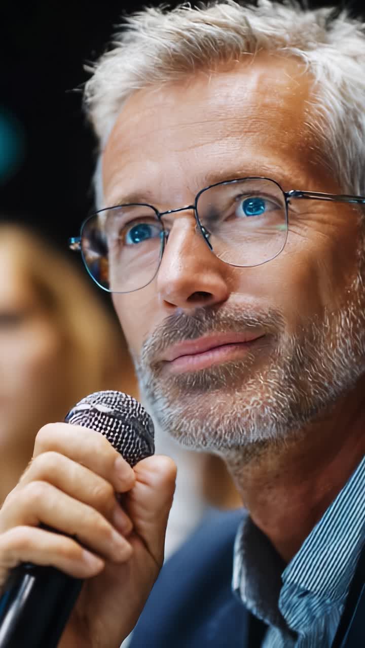 Discussione professionale mirata: un uomo impegnato in una conversazione, che condivide idee con gesti espressivi e pensieri profondi durante una riunione o una conferenza