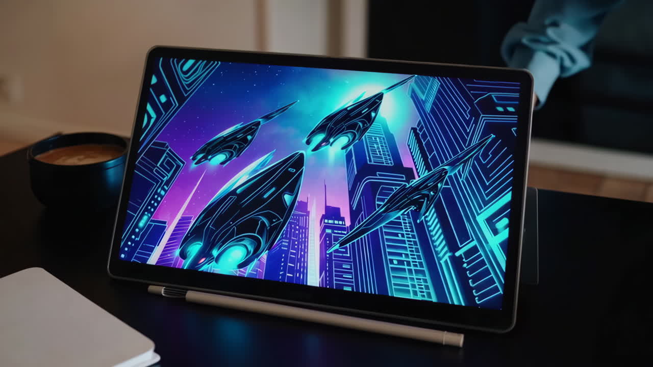 Digital Art Illustration of Futuristic Cityscape with Spaceships
