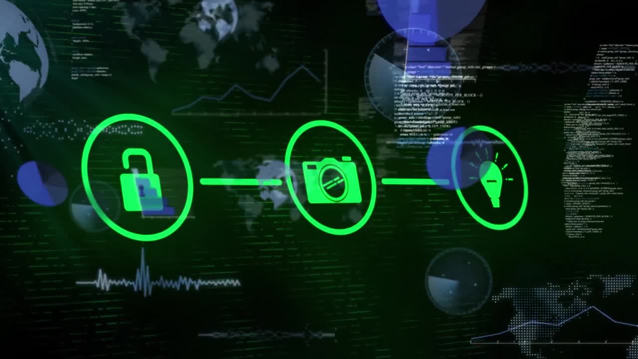 animación de una red de iconos digitales y puntos de luz contra el procesamiento de datos estadísticos