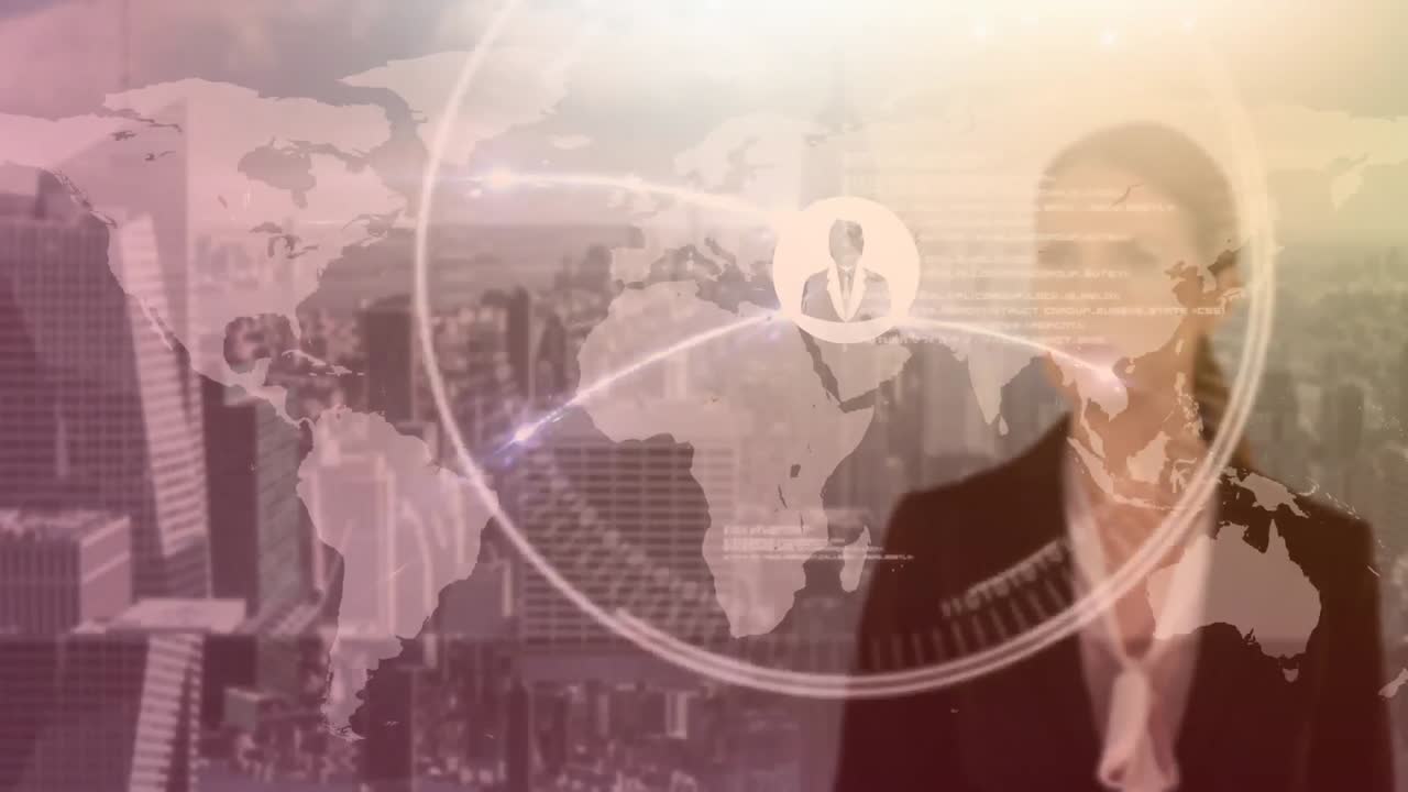animación de una red de conexiones con iconos sobre una mujer de negocios tocando el mapa del mundo en la pantalla