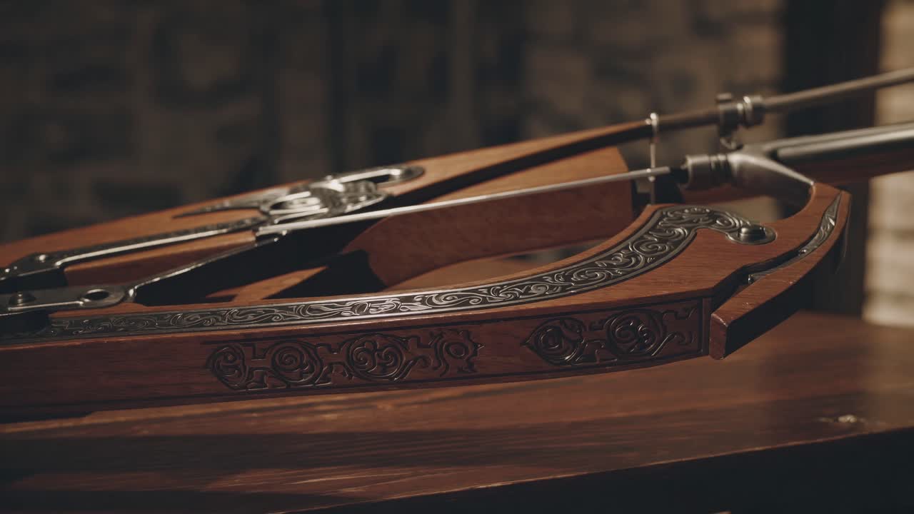 Close-up video shot of an intricately designed crossbow on a wooden table, highlighting its ornate