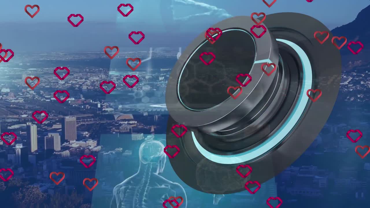 디지털 스크린과 도시 풍경 위에 심장 아이콘의 애니메이션.