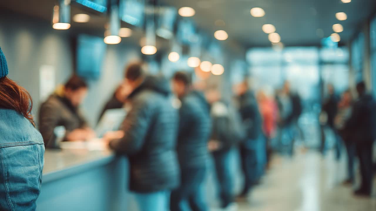 A Busy Service Counter with Customers Engaging in Transactions, Featuring a Mix of Individuals in Winter Attire at a Modern Indoor Location