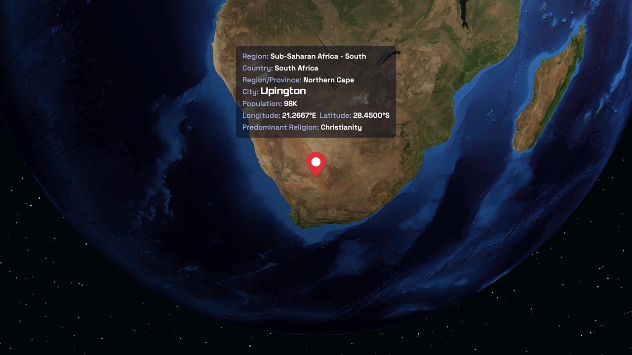Digital globe rotates and zooms into South Africa, displaying demographic information for Upington city
