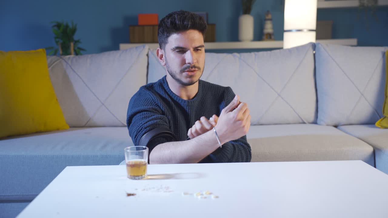 un adicto se inyecta heroína con una jeringa y tiene un colapso nervioso.