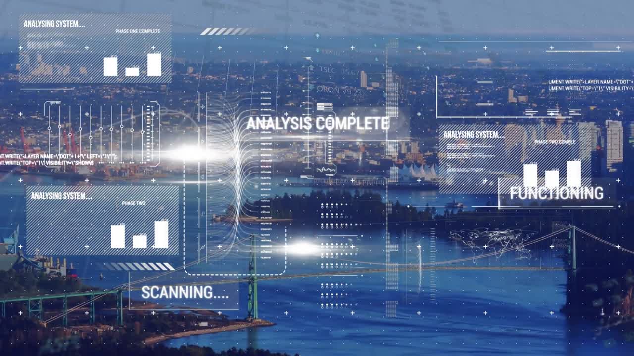 Animation of data processing over cityscape