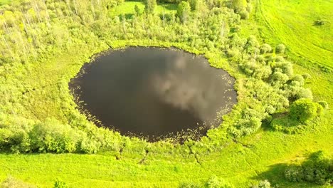 aerial flight from top bottom over an small lake with perfectly round shape.