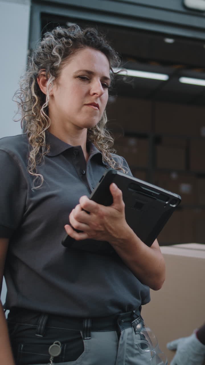 Woman Warehouse Worker Scanning Inventory with Tablet and Barcode Scanner
