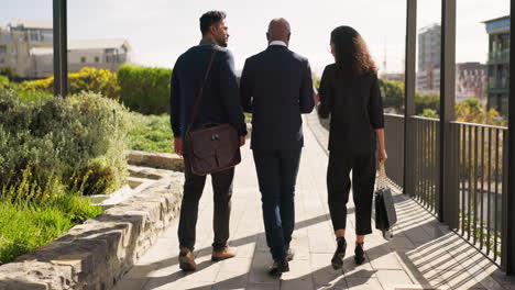 business team, walking and talking in park