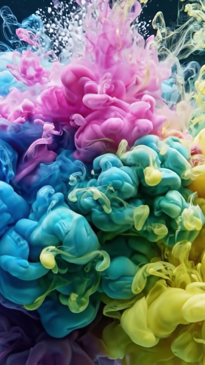 Una splendida sinfonia visiva di vortici d'inchiostro colorati e motivi vivaci che creano una danza sottomarina incantevole in due inquadrature suggestive.