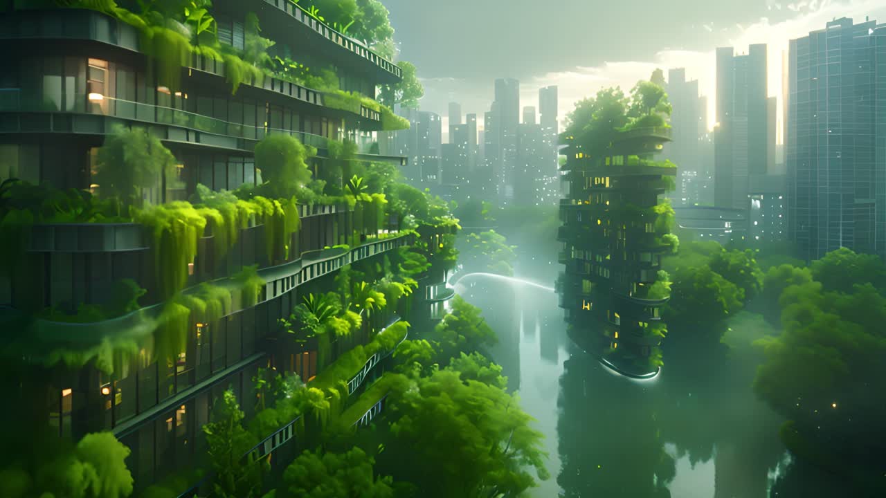 Paisagem Urbana Futurista Sustentável com Edifícios Verdes e Vias Navegáveis