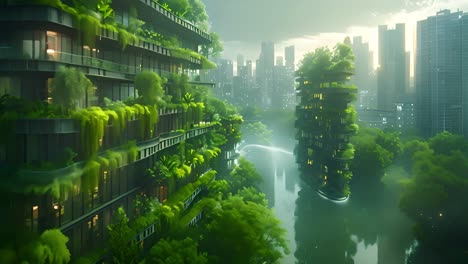 sustainable futuristic cityscape with green buildings and waterways