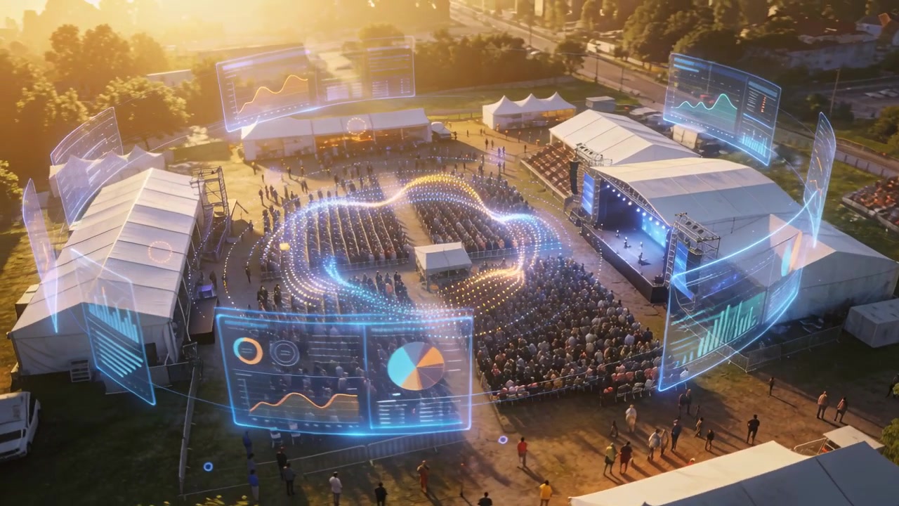 Reacting to sunset, holograms forming blue charts and particle ring above seated audience at field