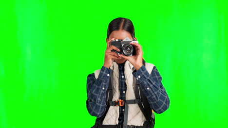 Travel,-green-screen-and-woman-camera-in-a-studio