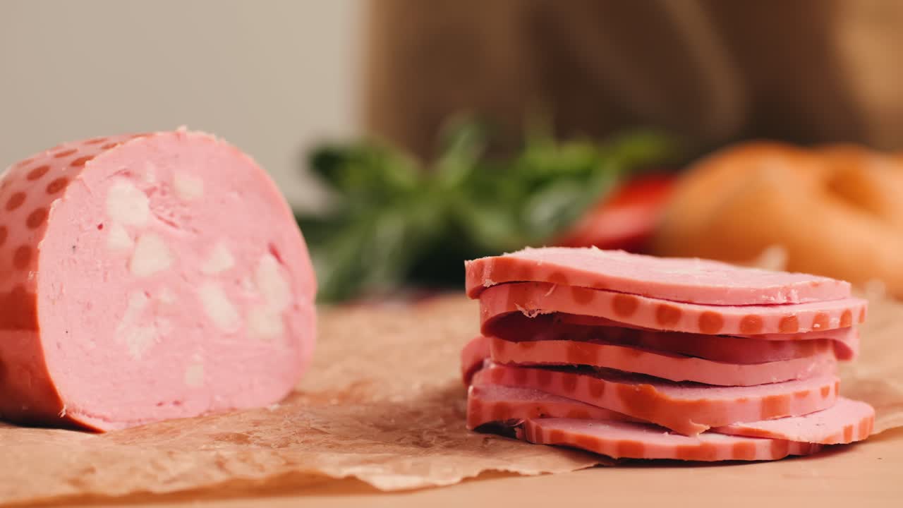 Ham italian mordatella, man Slices Of Traditional Italian antipasti mortadella sausage on a wooden cutting board, close up macro of chicken or turkey jamon, fat breakfast dish.