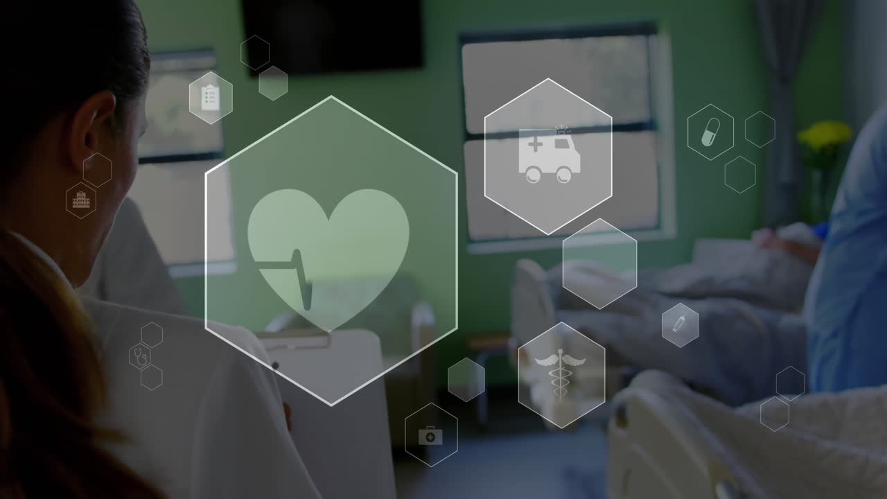 Female doctor reviewing patient chart in hospital room, showing floating heart ECG, pill icons