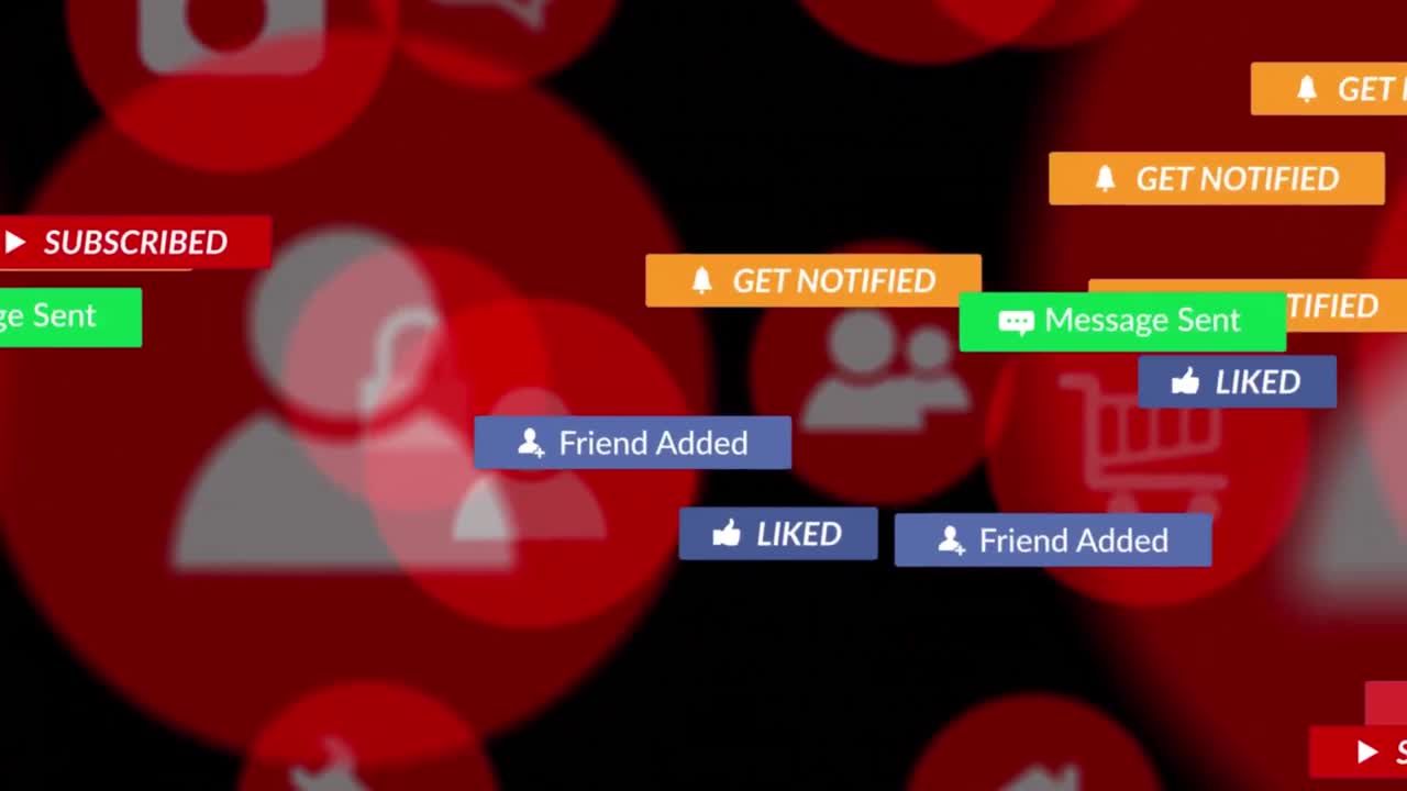 검은 바탕에 디지털 아이콘이 있는 배너에 있는 소셜 미디어 텍스트의 애니메이션