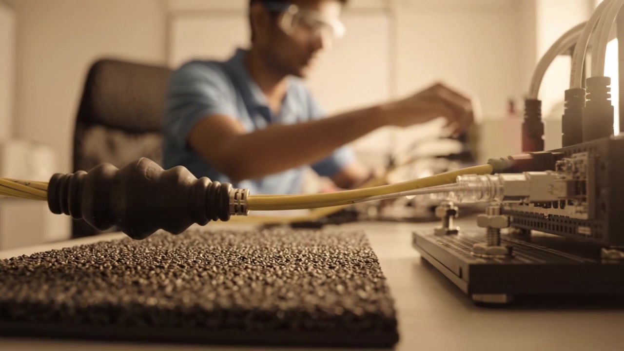 A focused technician meticulously working with intricate wiring and components in a well-lit laboratory setting, ensuring precision in electronic assembly and testing.