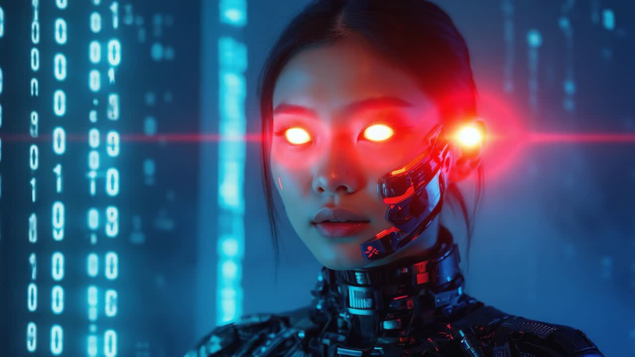 Futuristic Cyborg Asian Woman with Glowing Eyes and Digital Data